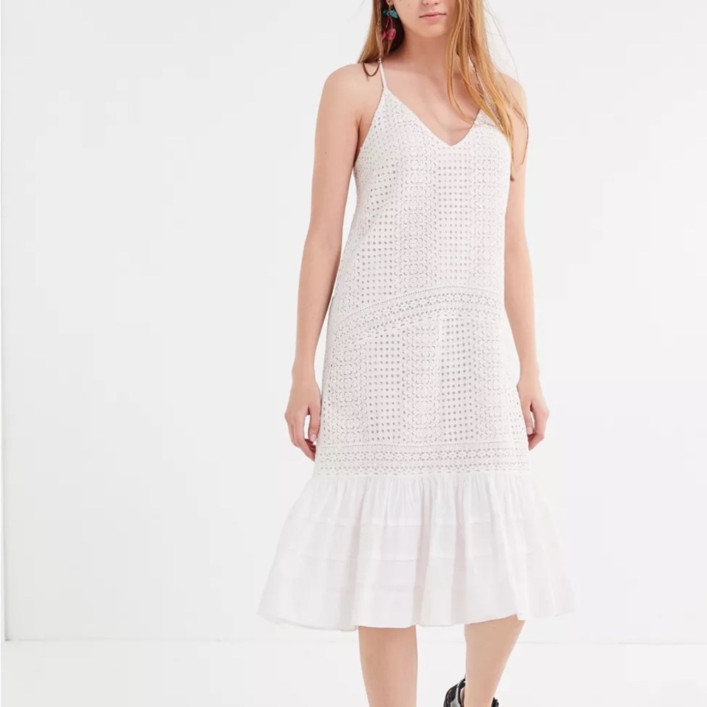 Urban Outfitters Leo embroidered tulip White Eyelet Midi Sundress Ruffle Hem